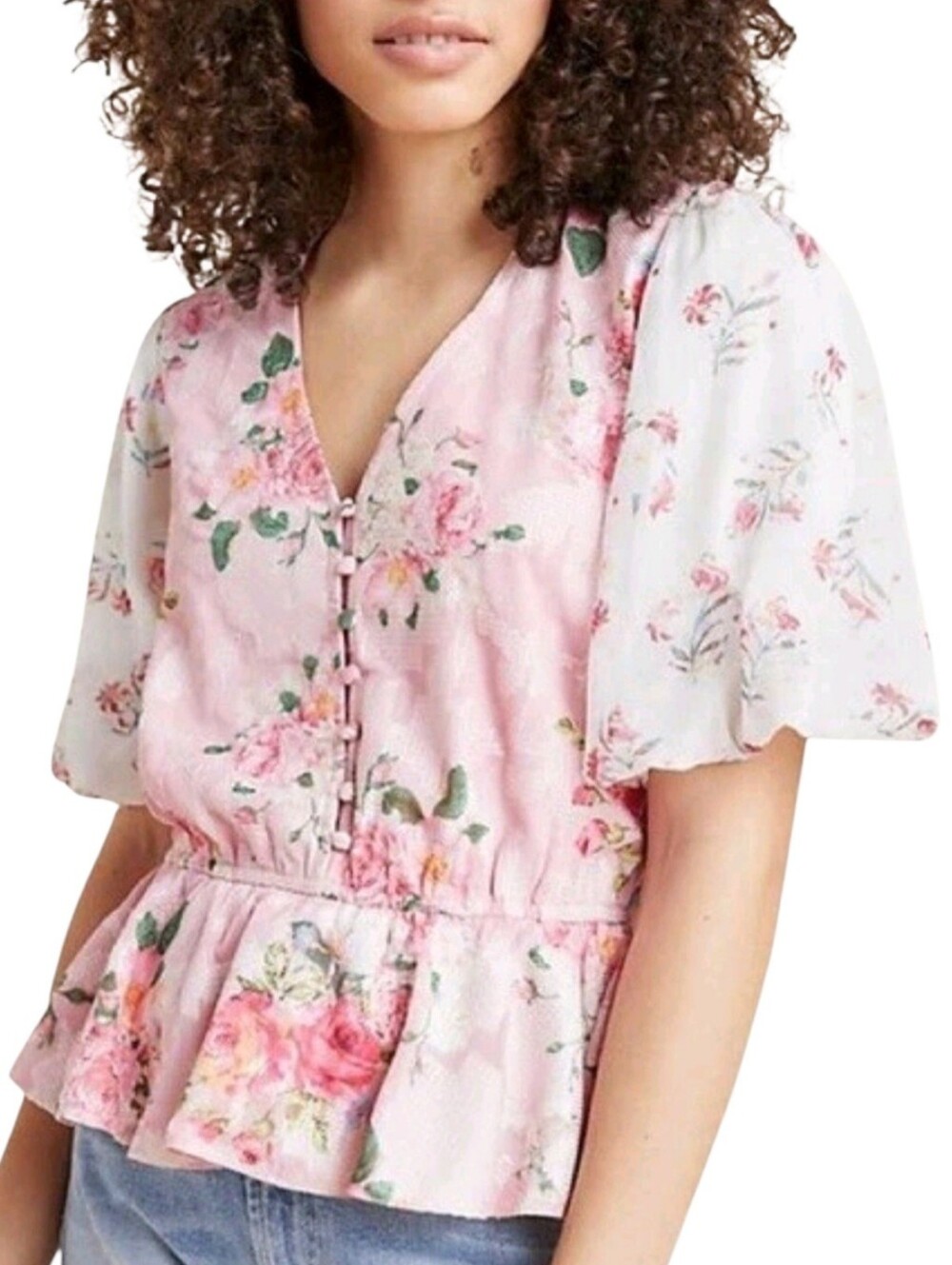 Hemant & Nandita Pink Floral Chiffon Blouse Top Size Medium